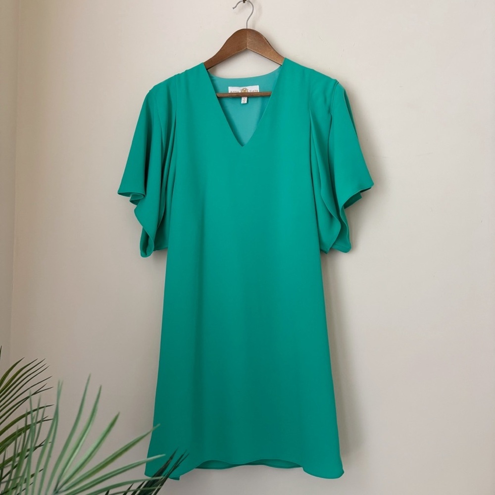 Anna Cate Peacock Green Meredith Crepe V Neck Dress Small
